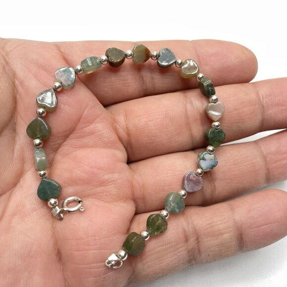 925 Sterling Silver Dainty Jasper Heart Heart Beaded Bracelet Cute 6.5 in Boho - Picture 9 of 9